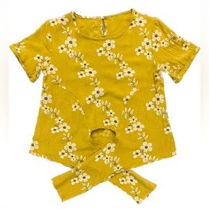 A13 Yellow Floral Blouse Daisy Embroidered Front Tie Top Short Sleeve sz Small